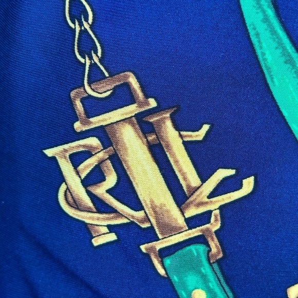 Lauren Ralph Lauren Side Ruched Horse Bit & Ribbon Print Dress Navy Blue Size 10 - Picture 5 of 5